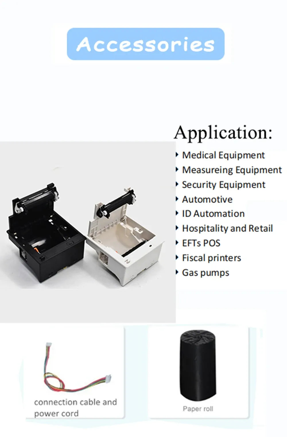 Accessories page with application diagram and two thermal printer modules with included parts