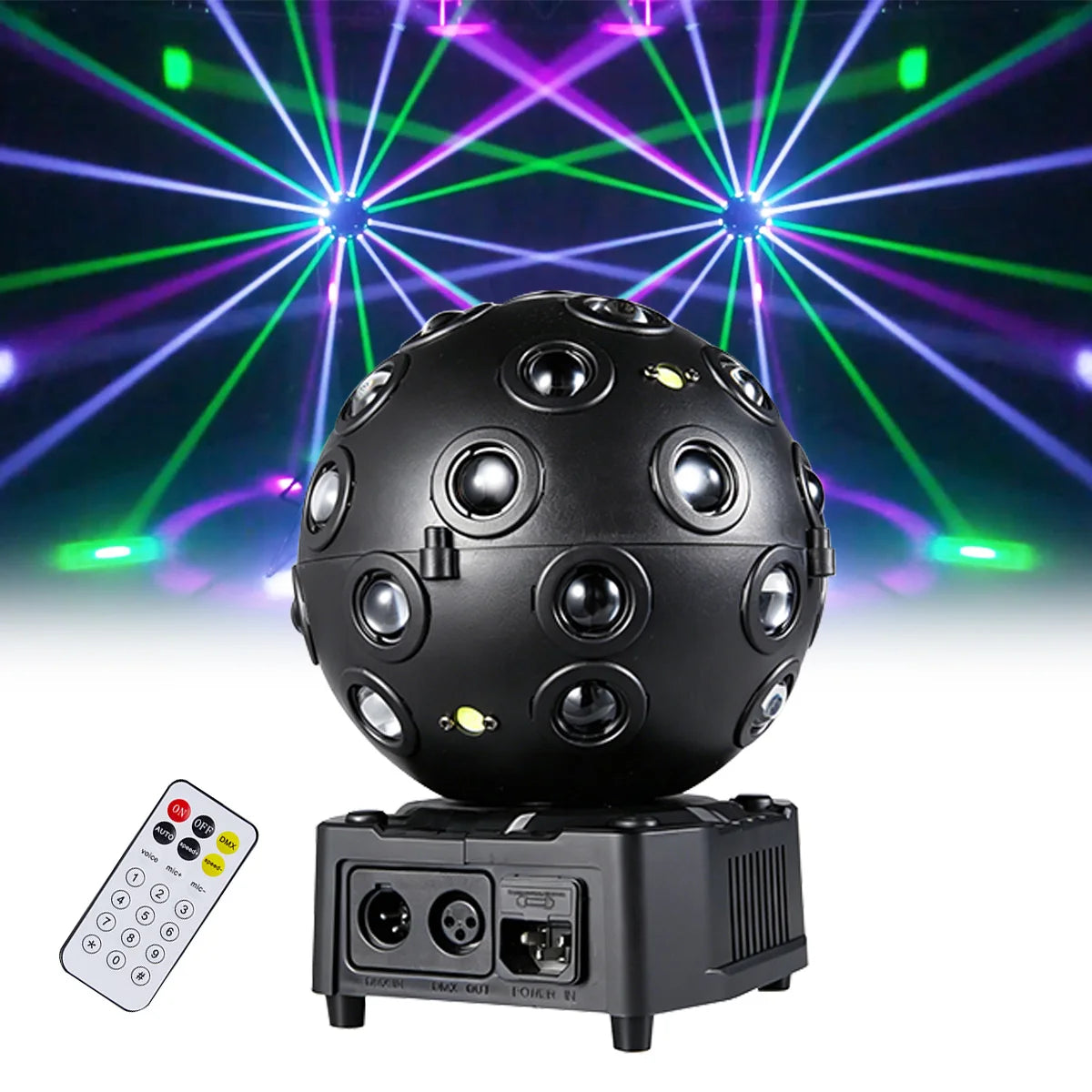 Black rotating LED disco ball stage light showing rear ports and base feet