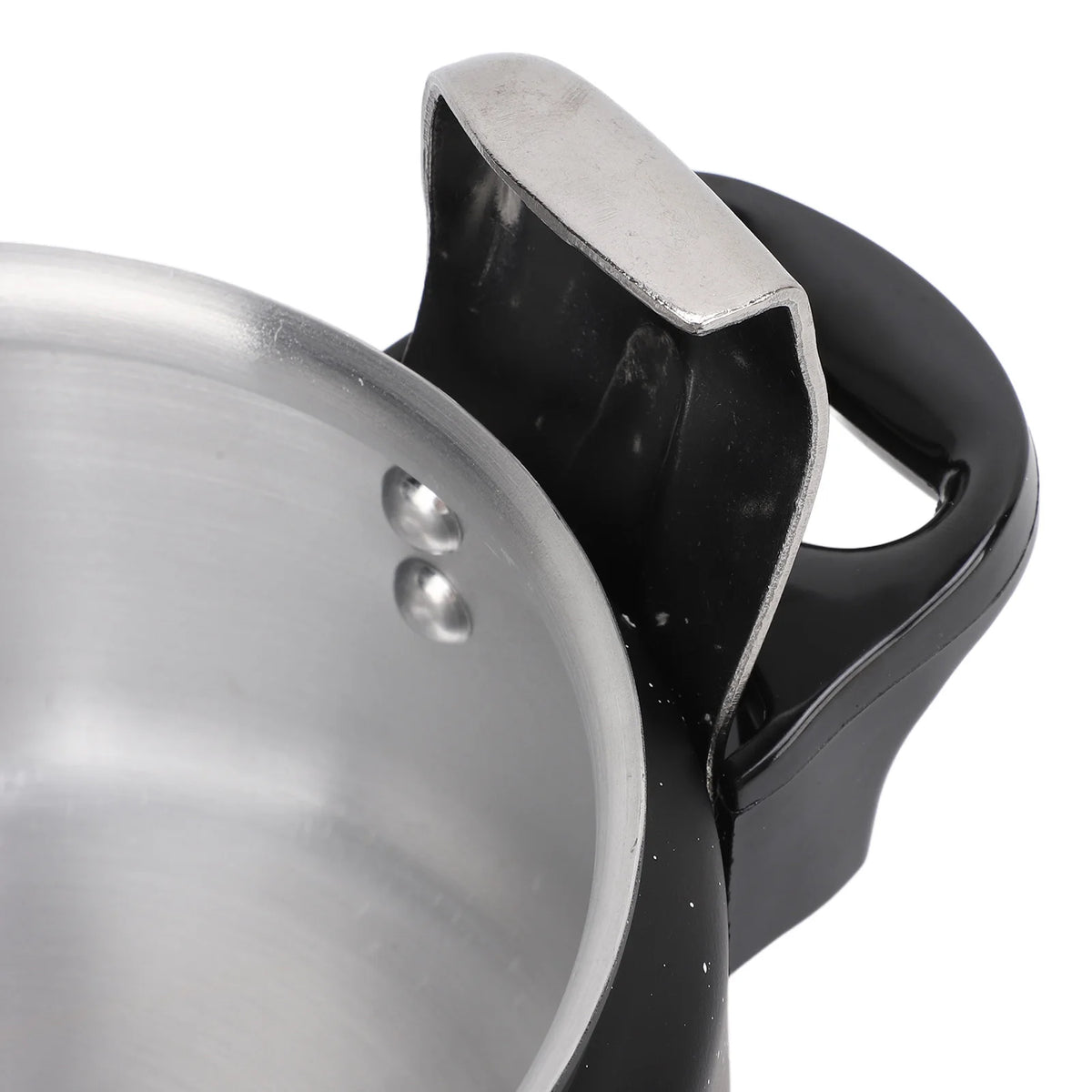 Black pressure cooker side handle with aluminum rim edge and lid latch area
