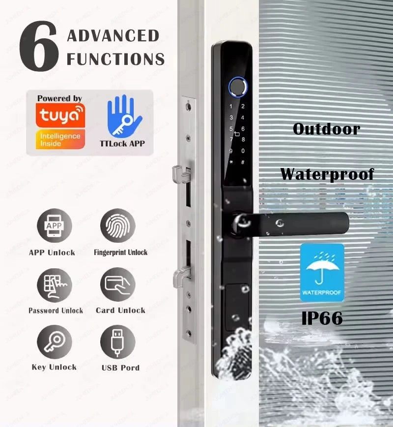 Tuya Wifi App Waterproof Smart Aluminum Door Lock Euro Double Hook Mortise Fingerprint Password Electronic Sliding Door Lock