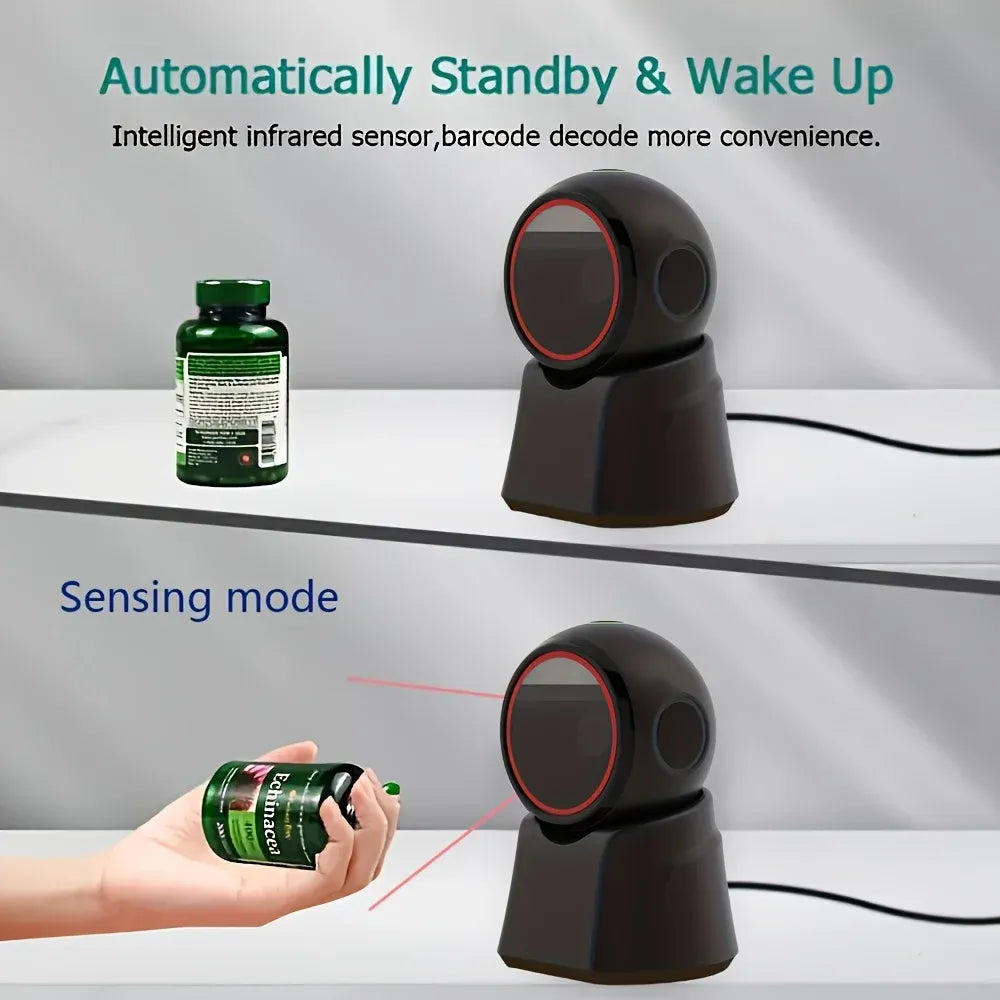 Black desktop barcode scanner with red-ring scan window for automated standby scanning