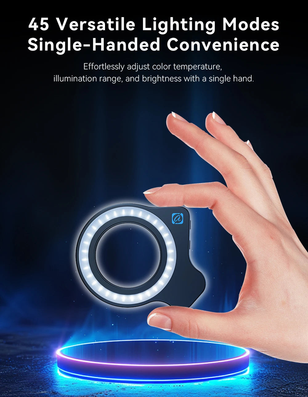 Compact, black circular LED clip-on ring light held by hand for adjustable mobile photography and video lighting.