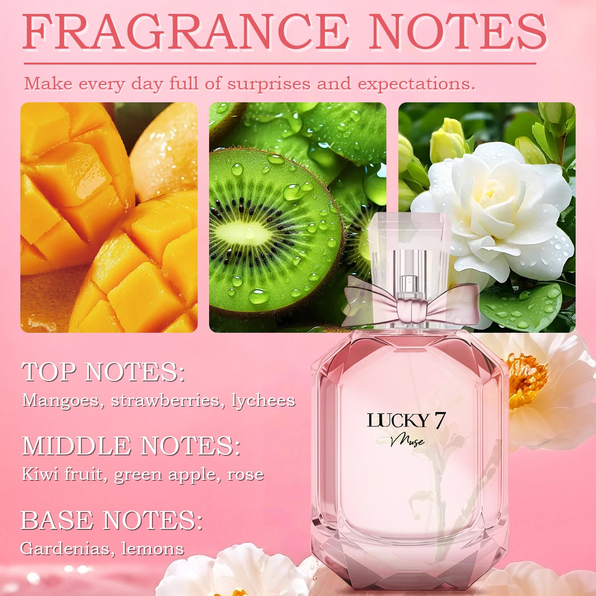 MINISO Lucky 7 Goddess EDP: Floral fruity 100ml perfume for women in a chic, faceted bow-accented glass bottle.