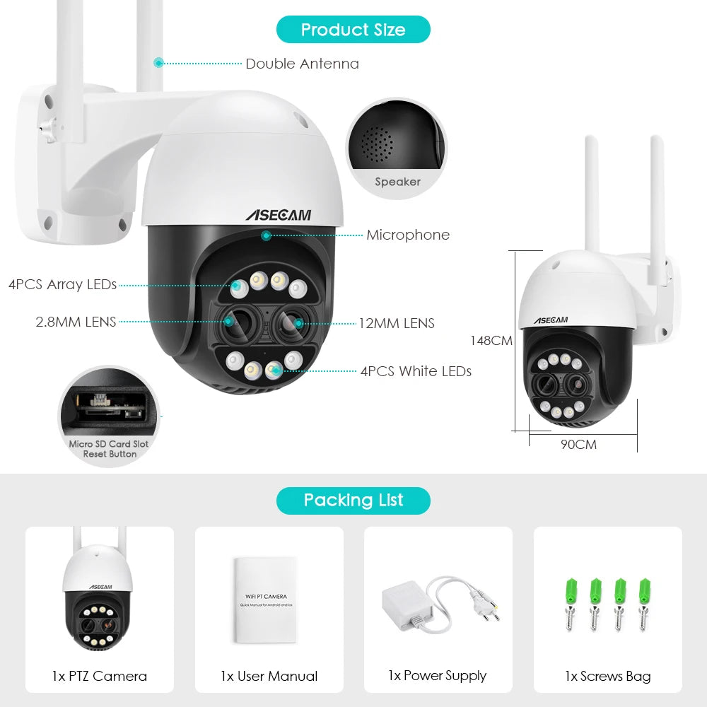 12MP PTZ WiFi IP Camera Dual Lens 2.8mm -12mm 8X Zoom 4K Outdoor AI Human Tracking CCTV Audio Home Security Surveillance Camera