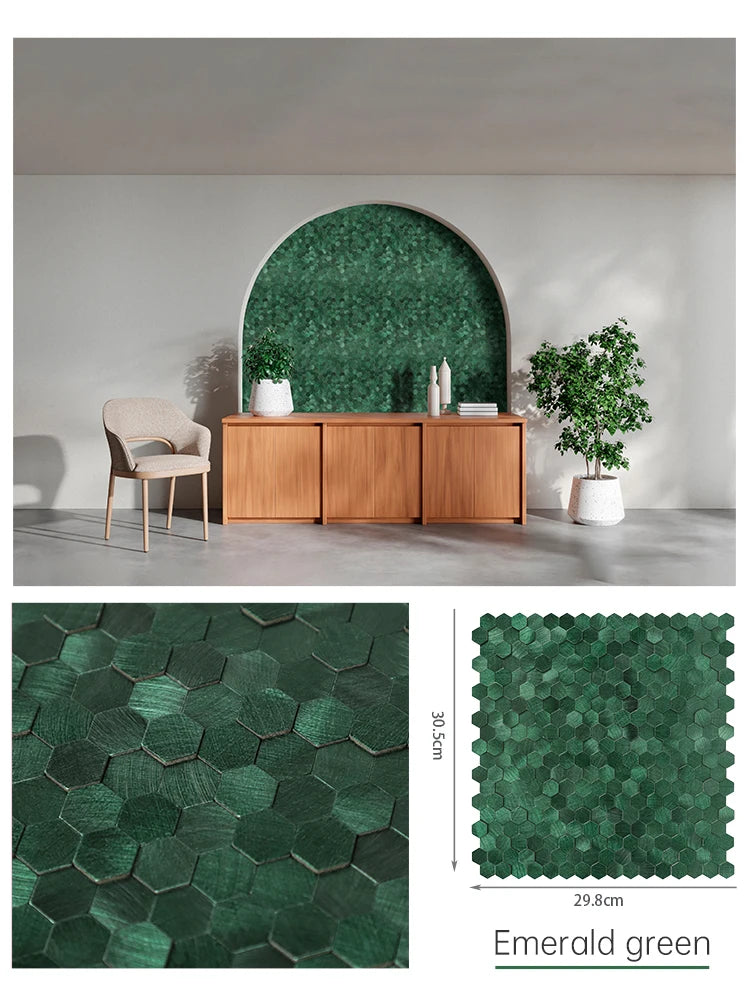Emerald green hexagon 3D metal peel-and-stick backsplash tiles, self-adhesive wall squares