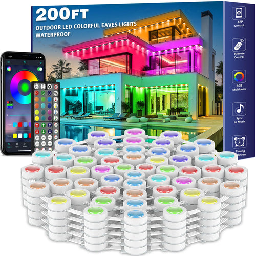 RGB outdoor LED eaves lights with white bulb clusters and waterproof permanent installation