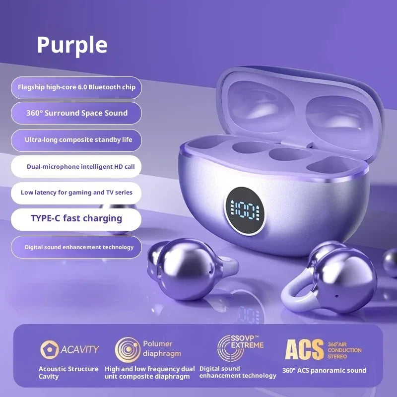 Original SONY Ear clip OWS Wireless Bluetooth Ear Clip Headphones sports Gaming Headset HIFI Surround Sound Earbuds With Mic PURPLE Tidesmit