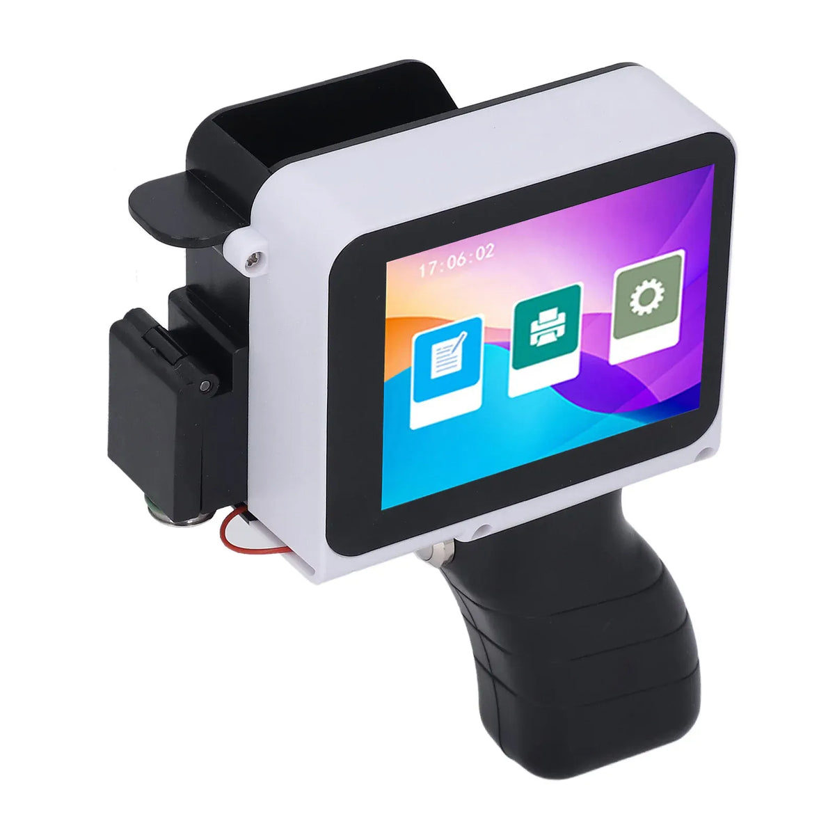 Handheld inkjet printer front view with color touchscreen and black handle
