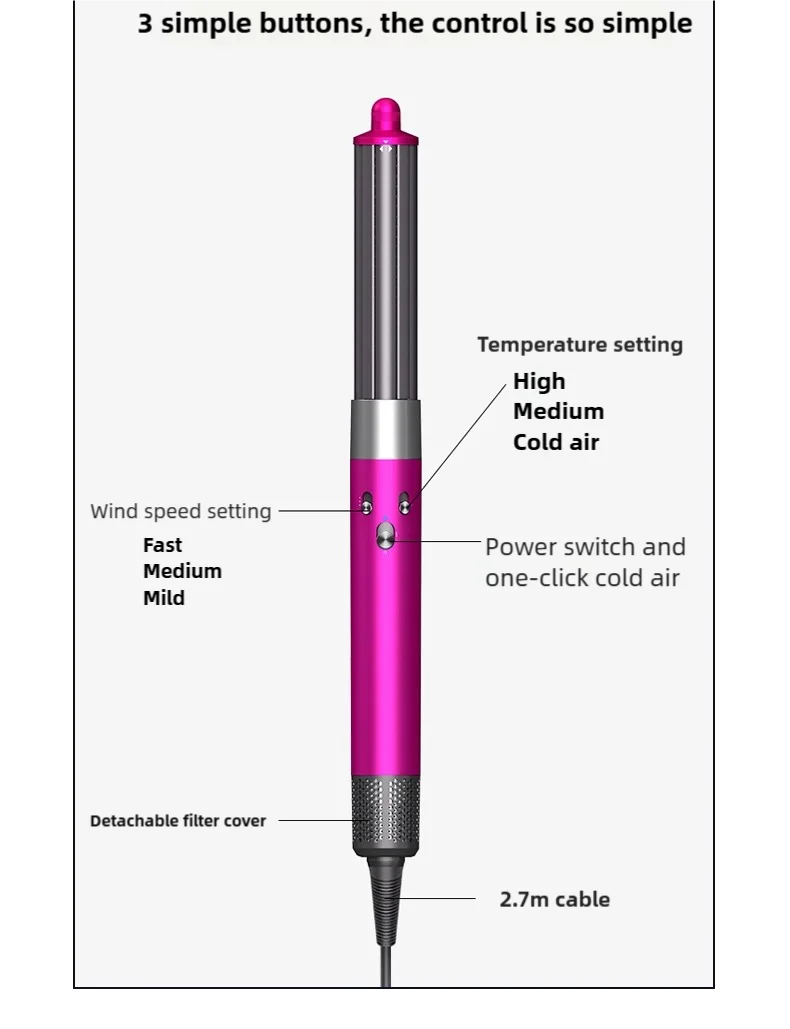 Hot pink 6-in-1 hair styler with speed and temperature controls, detachable filter, and 2.7m cord for easy styling.