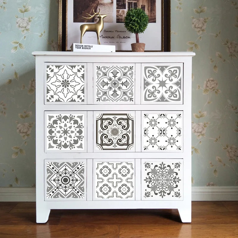 Removable mosaic tile wall sticker sheet, white with gray ornate floral square designs