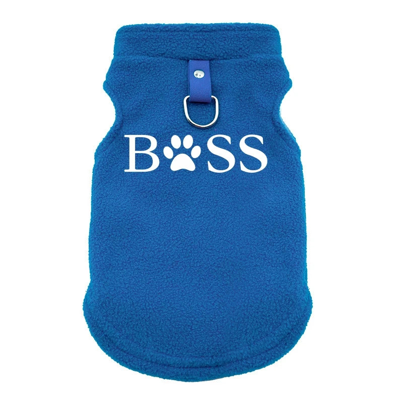 Blue fleece dog sweater vest with 'BOSS' print and leash ring for small dogs. Warm winter coat for cold weather.