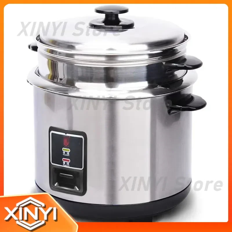 Stainless rice cooker with domed lid, front control panel, and black side handle
