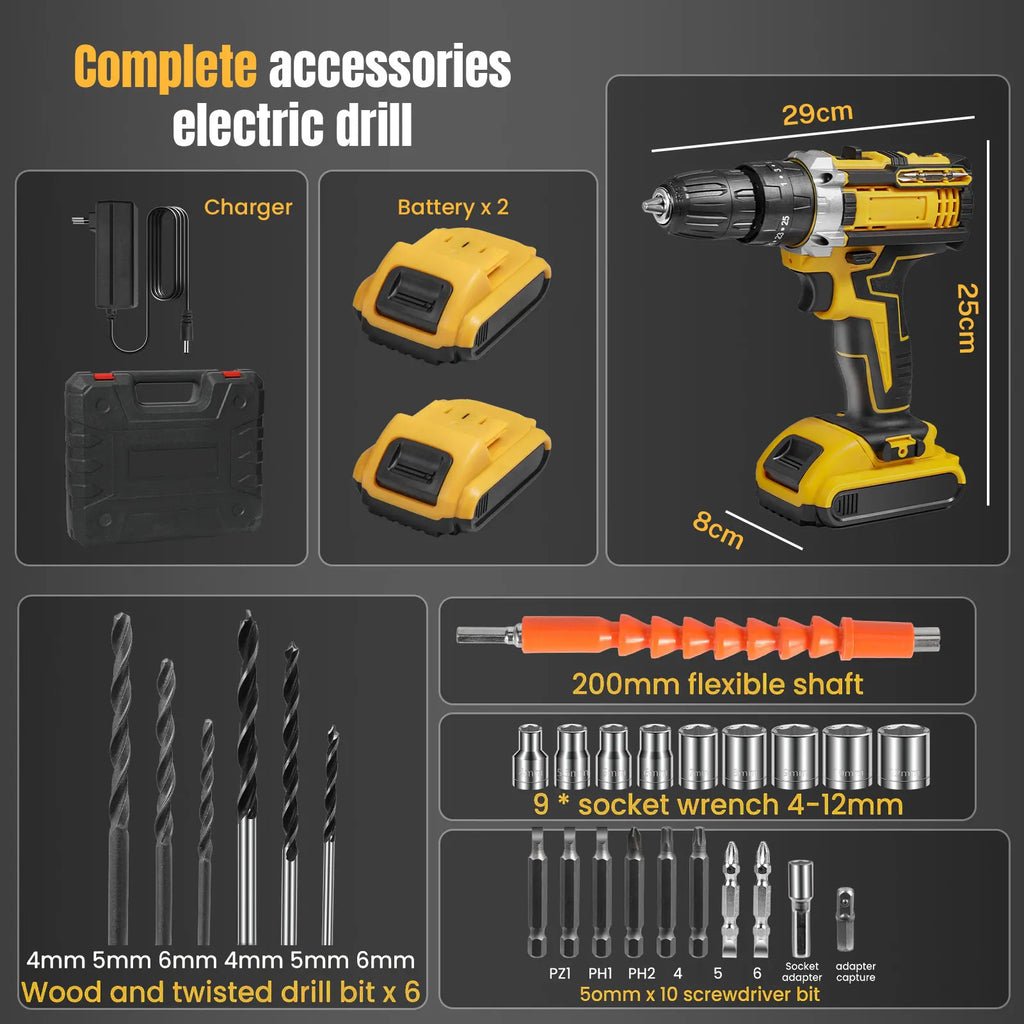 45N.m 1800RPM Cordless Electric Impact Drill 25+3 Torque Settings Electric Screwdriver Power Tool With 2PCS Batteries For Home DIY Woodworking