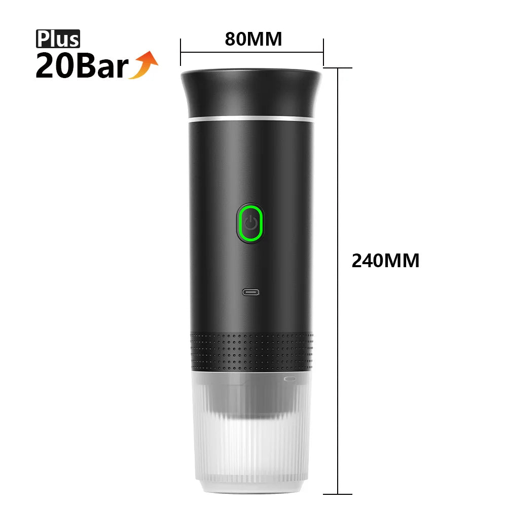 Black 20-bar portable espresso maker, 80x240mm dimensions, sleek electric design with green power button.
