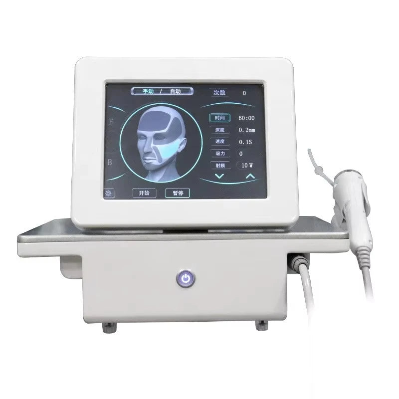 Portable fractional radio frequency skin tightening machine with digital touch screen and handheld probe for face care.