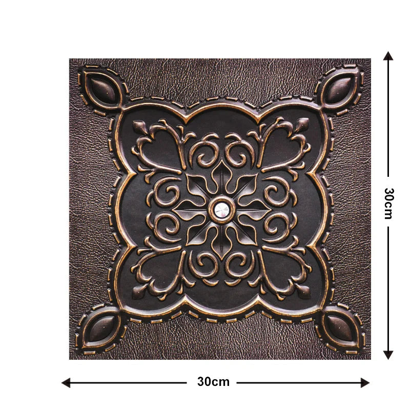 Peel-and-stick square decorative emblem tile, dark brown ornate floral border design