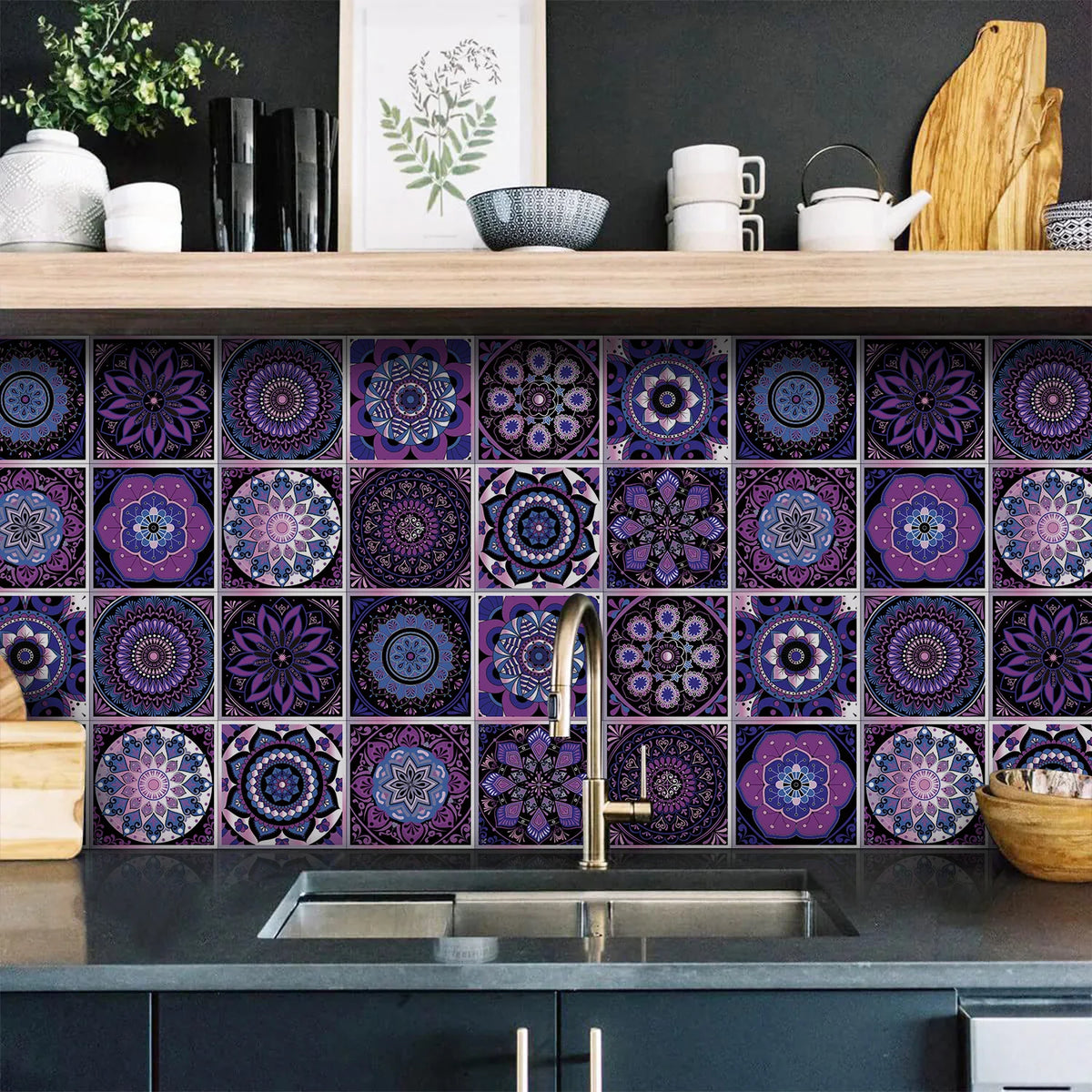 Purple and blue tile-pattern self-adhesive wallpaper with circular floral mosaic tiles