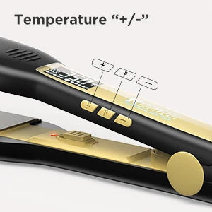 KIPOZI titanium hair straightener with LCD display, gold and black design, and precise temperature control buttons.