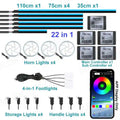 22-in-1 car LED ambient lighting kit with strip lights, ring lights, foot, storage, and handle lights with controllers.