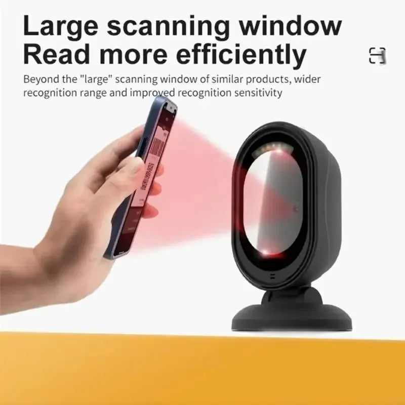 Desktop barcode scanner with red-lit oval window, hand holding a phone for scanning