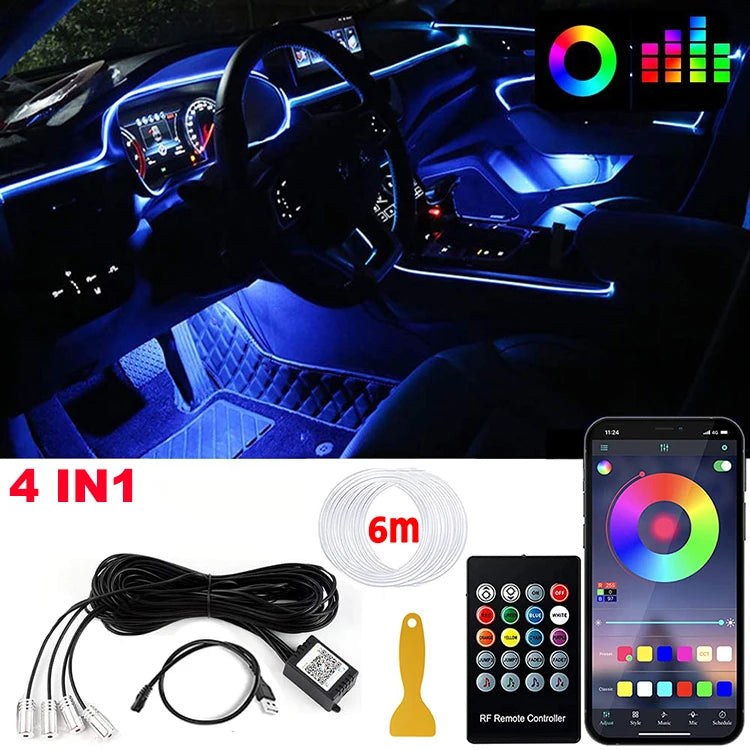 LED Car Interior Ambient Lighting Kit with RGB Smartphone Control 4 in 1 6M USB Tidesmit