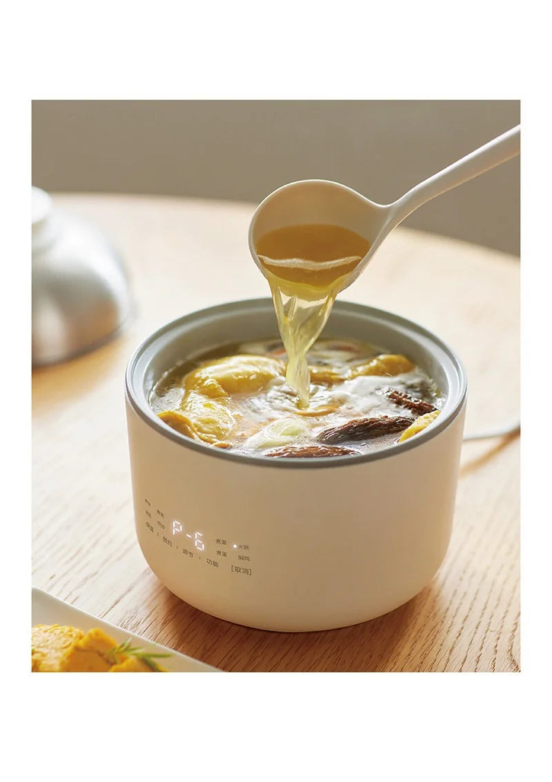 Smart white electric cooking pot with pouring liquid from a ladle into the pot
