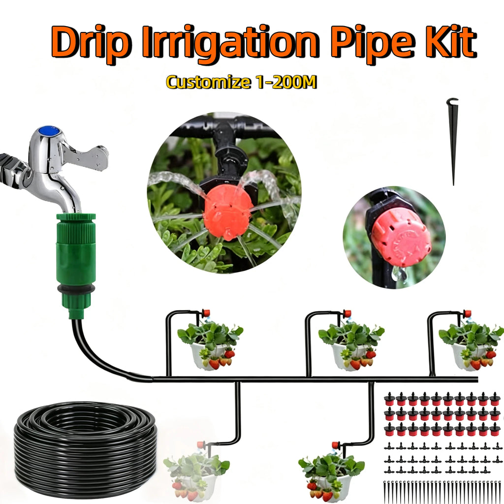 Drip irrigation hose kit with faucet connector, black tubing coil, and red adjustable drippers