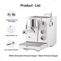 Cafovo white espresso machine with dual pressure gauges, portafilter, steam wand, and external water line accessories.