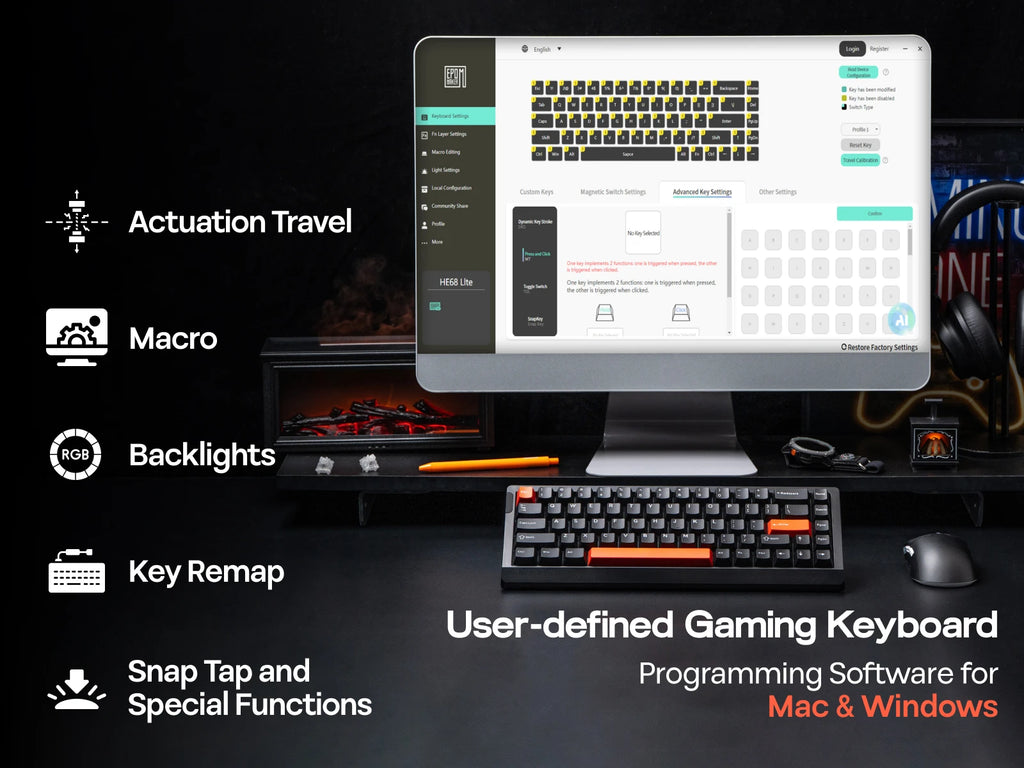 EPOMAKER HE68 Lite 65% ANSI US Layout Tray-Mounted Wired Hall Effect Magnetic Mechanical Keyboard DKS SOCD RGB Backlight