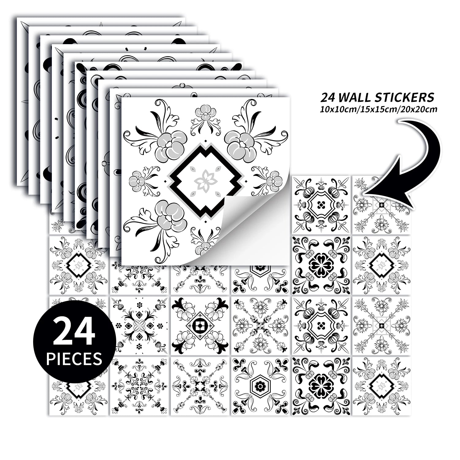 24 pcs/pack, Waterproof and Oil-proof, Easy To Clean, Black And White Simplicity Pattern Self-adhesive PVC Tile Stickers