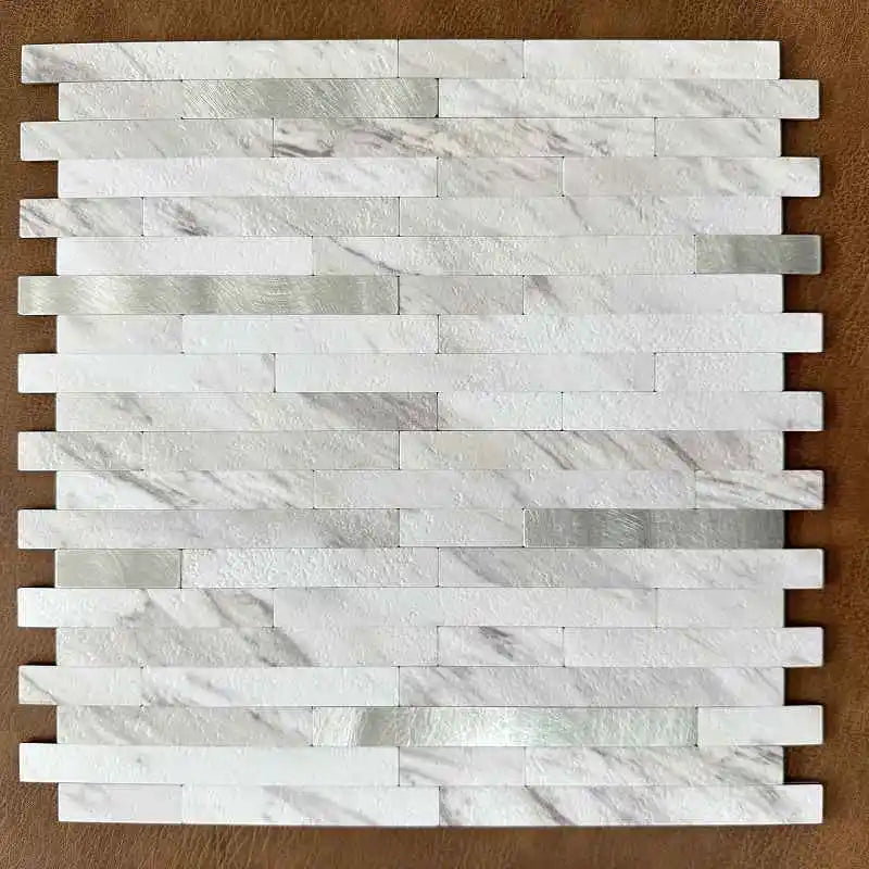 Peel-and-stick mosaic wall tile sheet with white and gray rectangular marble-look strips