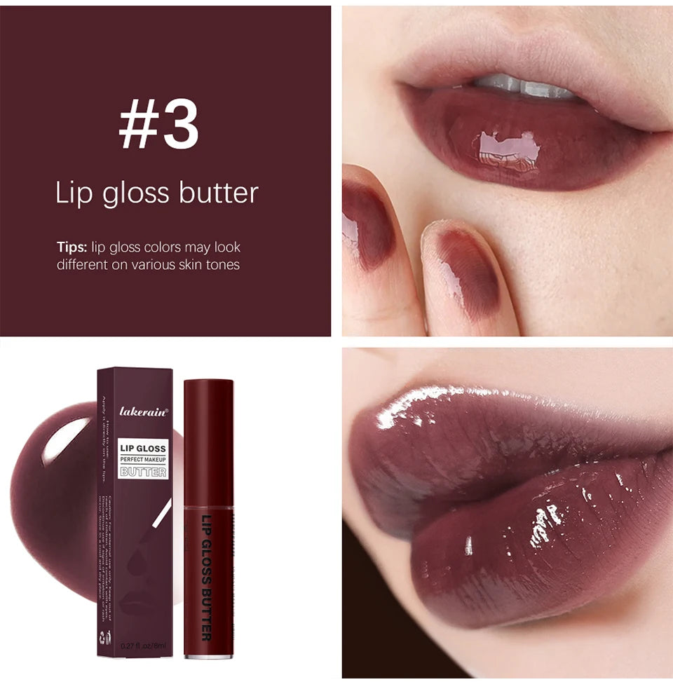 Moisturizing non-stick butter lip gloss in shade #3, a deep berry mirror-finish lip glaze for glossy, hydrated lips.