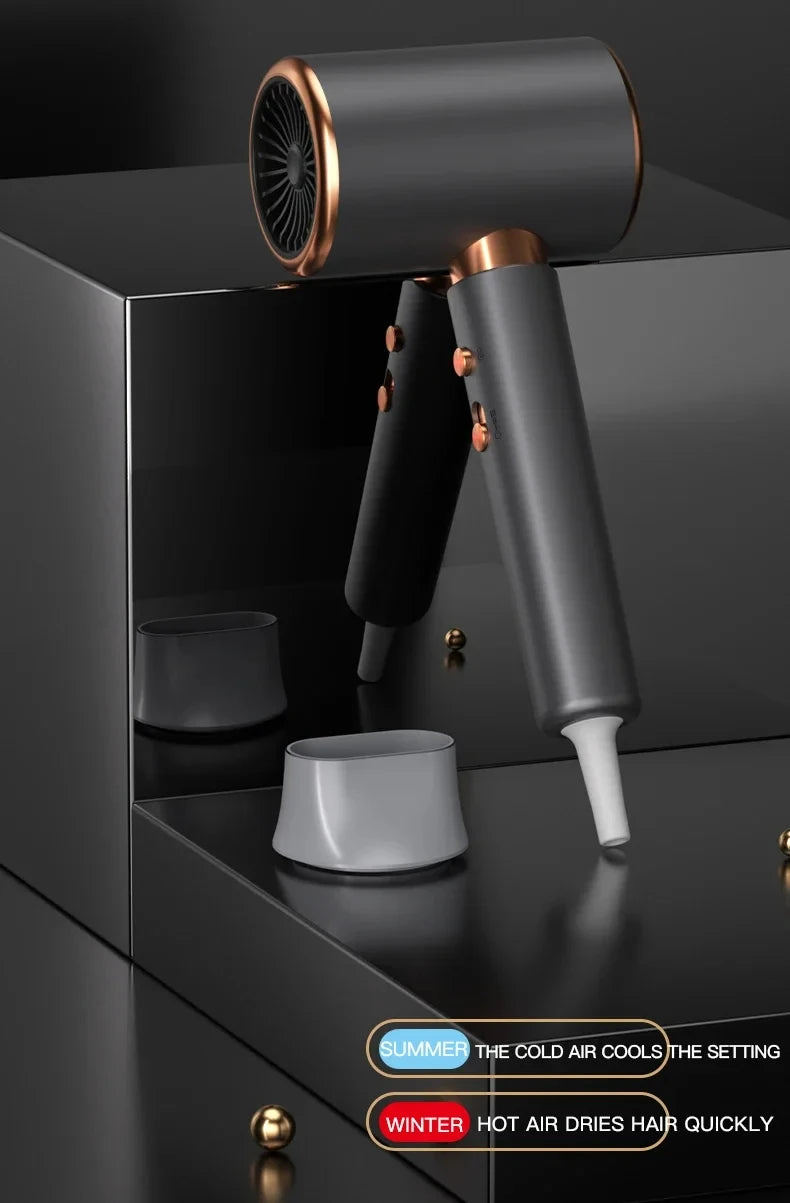 2000W professional ionic hair dryer in charcoal grey with rose gold accents and two nozzle attachments for salon styling.
