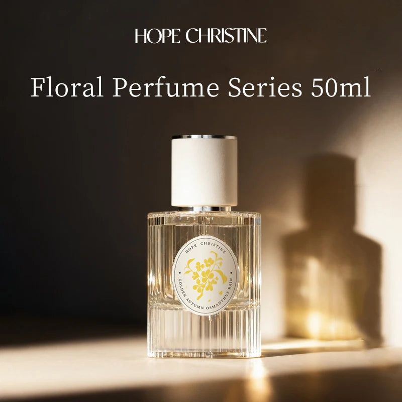 Hope Christine Golden Autumn Osmanthus 50ml floral perfume for women in a ribbed glass bottle with white cap.