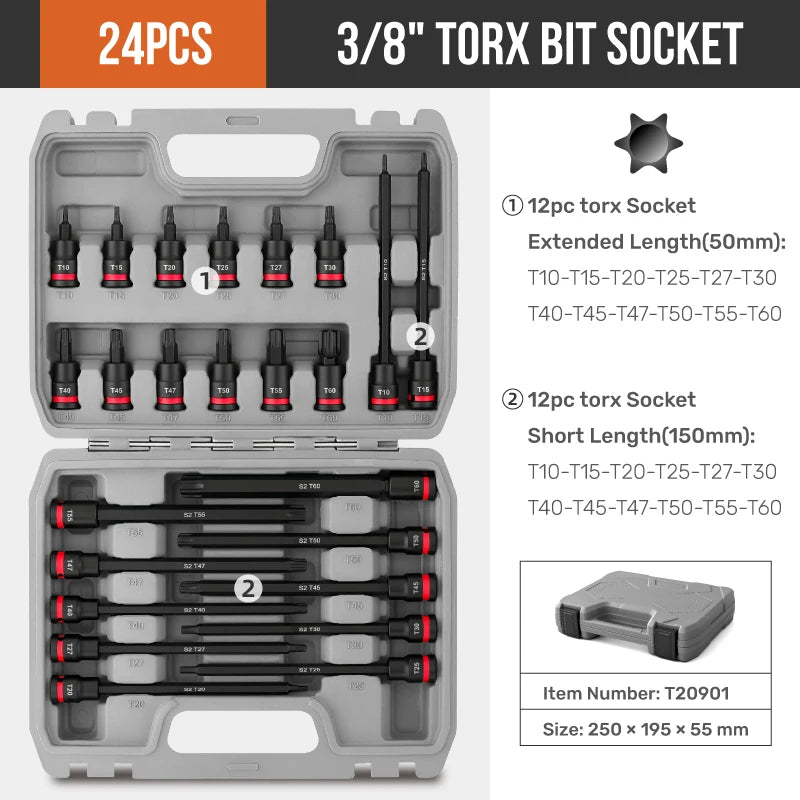 Hi-Spec 3/8 Impact Socket Set Wrench Socket Hex Socket Set S2 Bits & CR-V Sockets Hand Tools Torx Bit Long Socket Colorful Ring