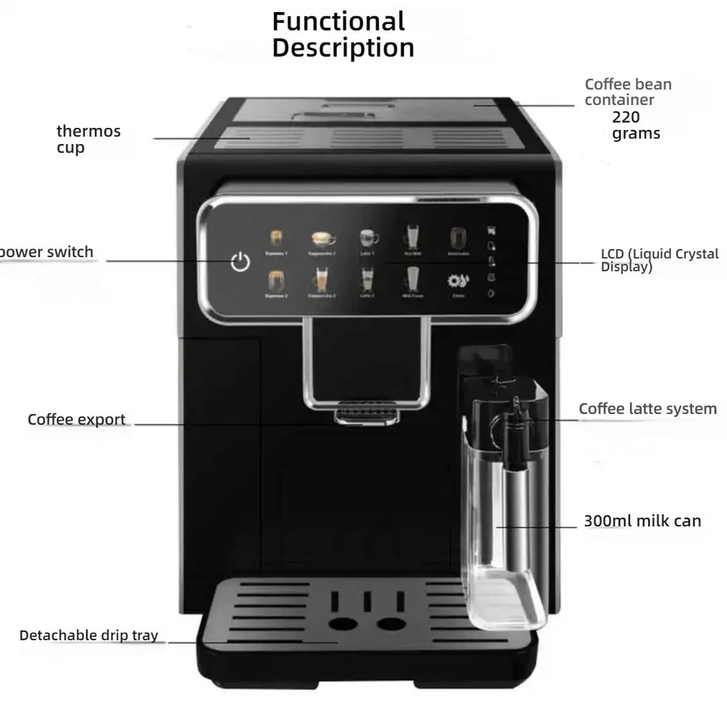 Black automatic espresso machine with LCD touch display, 220g bean hopper, and 300ml milk carafe for lattes.