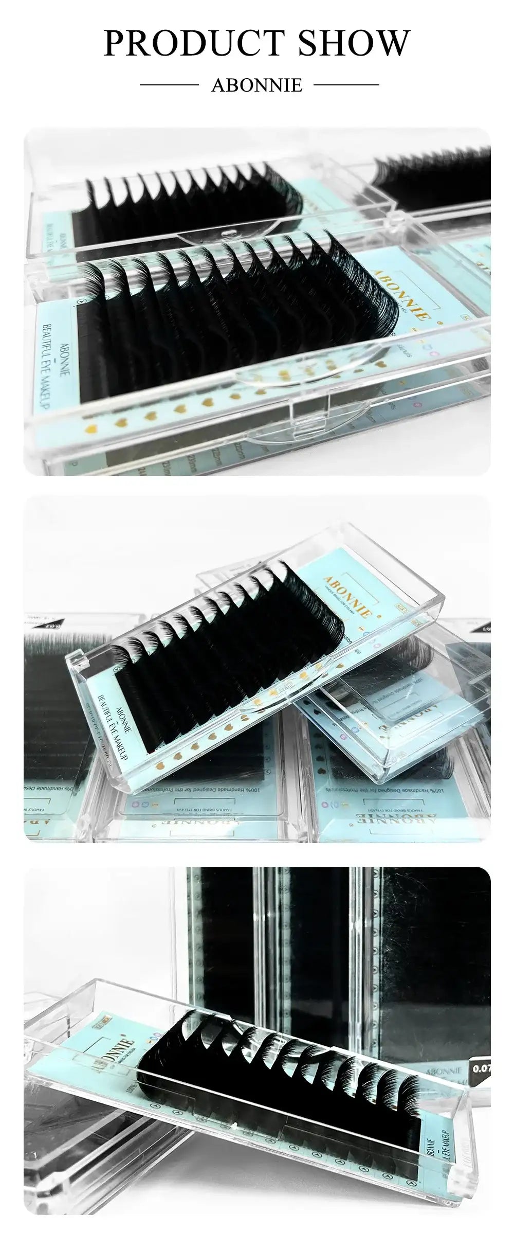 Abonnie ultra-matte black individual eyelash extensions in clear, light blue labeled storage cases.