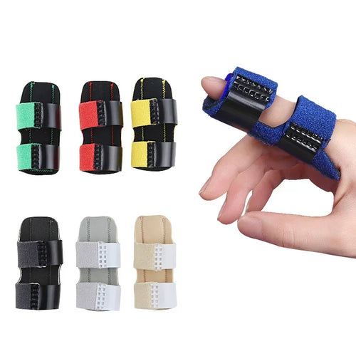 Adjustable finger support brace for pain relief. Multi-color fabric and black rigid splint wraps for orthopedic injury.