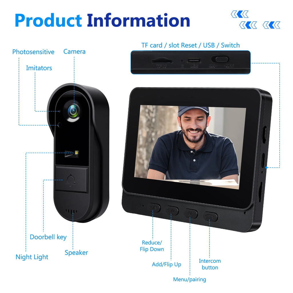 Podofo 4.3in Two-way Intercom Doorbell with 64G Card HD Night Vision IPS Screen Waterproof Visual Doorbell Home Security Video