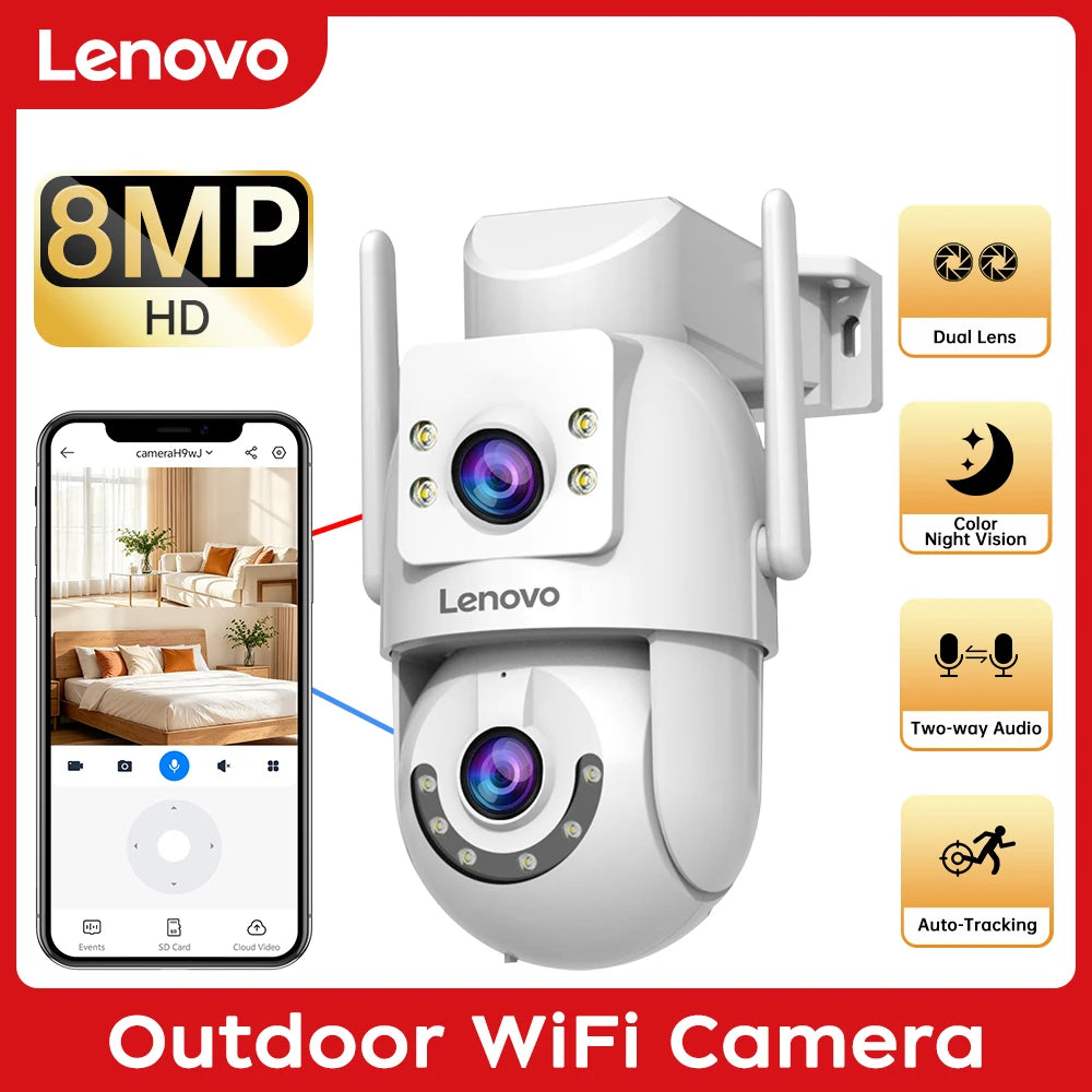 Lenovo 8MP Outdoor Security Camera with Dual Lens AI Tracking PTZ Color Night Vision Waterproof Home Surveillance Protection