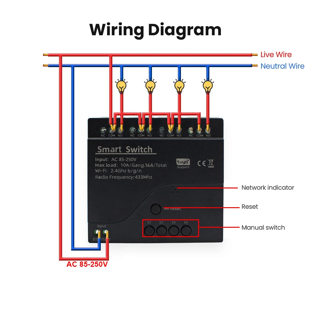 Black Style Tuya 4CH Wifi Smart Home Appliance Control Switch Module 220V 85-250V 10A Relay With Momentary Toggle Interlock Mode