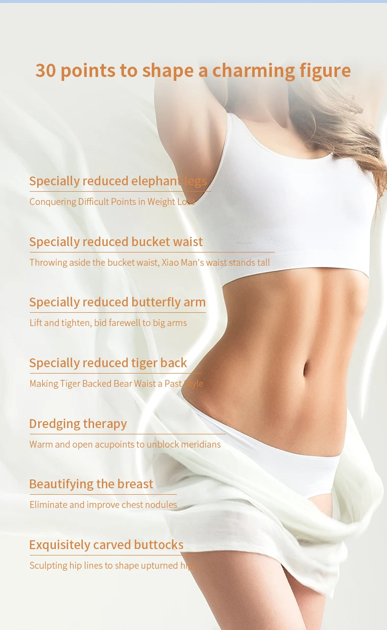 Midsection of a woman wearing a white sports bra and underwear, with text overlay listing body contouring benefits.