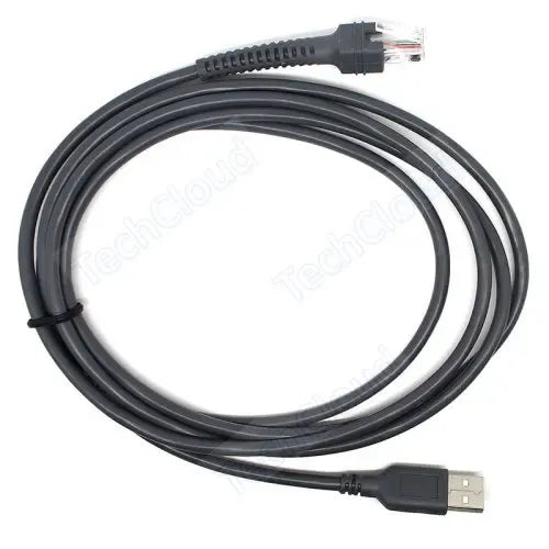 Looped view of grey barcode scanner USB cable with RJ45 and USB-A ends