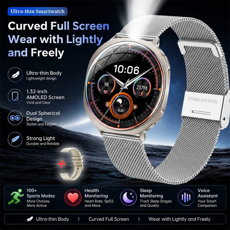 Curved-screen smartwatch with round display and silver metal mesh bracelet, front view.