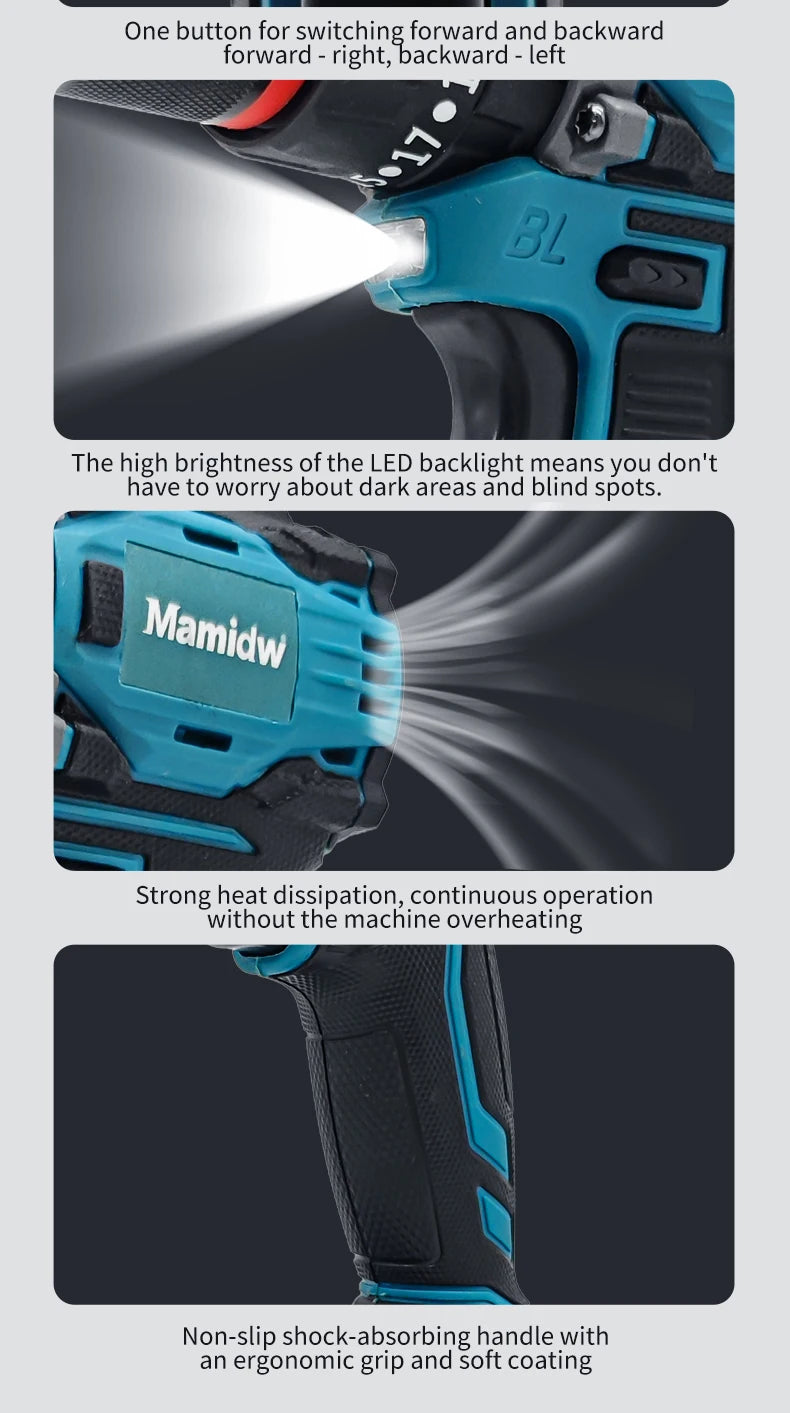 Mamidw Brushless Lithium Electric Drill 1850RPM High Speed Cordless Power Drill for Metal Wood Drilling Furniture Screw Fastening, For Makita 18V Battery PIN