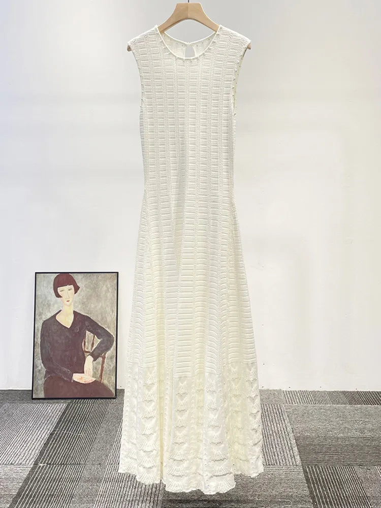 CHUJIE 2025 Summer 3-Piece French Style Set - Knit Maxi Dress + Sleeveless Top + Cover-Up, Pearl & Hollow Out, Viscose+Nylon