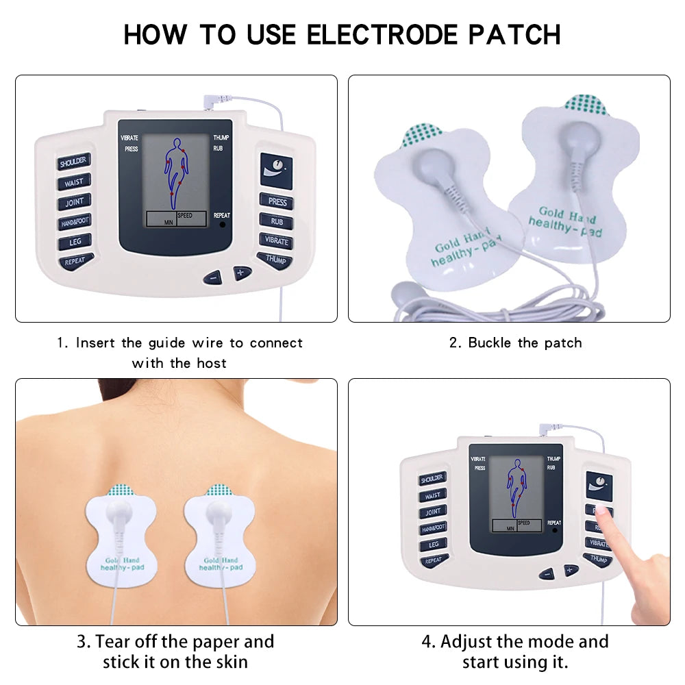 EMS muscle stimulator and electrostimulator physiotherapy machine with 12 modes, LCD display, and adhesive pads.