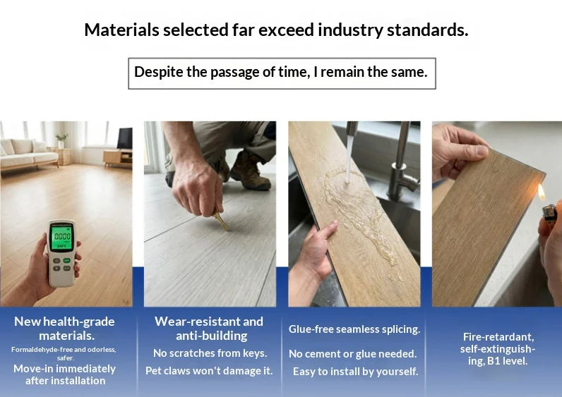 Woodgrain SPC flooring boards with sample and installation detail panels