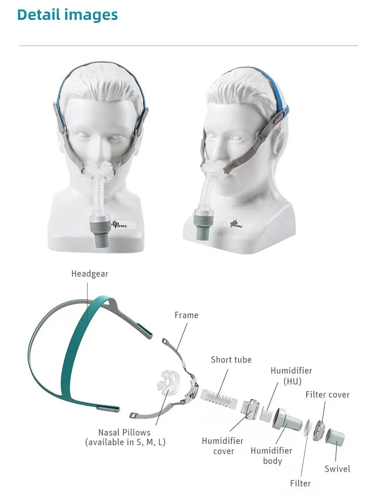 BMC P2H M1 MINI CPAP Mask with Waterless Humidification Filter Elements S/M/L Full Sizes Nasal Pillows Mask Sleep Apnea Light