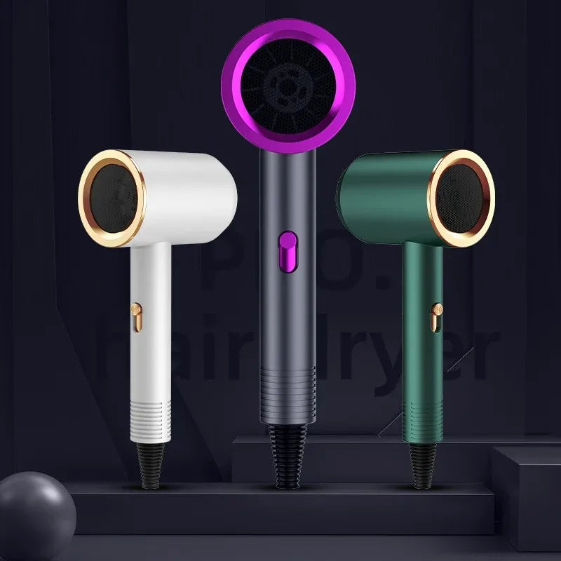 White, purple, and green high-speed professional hair dryers with gold accents for salon and home use.